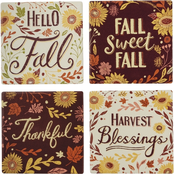 Ceramic Absorbent Coaster Set Fall Autumn Harvest Thanksgiving Blessings NWT - Picture 2 of 7